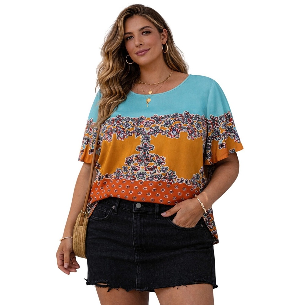 Rose + Olive Blouse Women 1X Teal Orange Floral Paisley Pintuck Short Sleeve Top